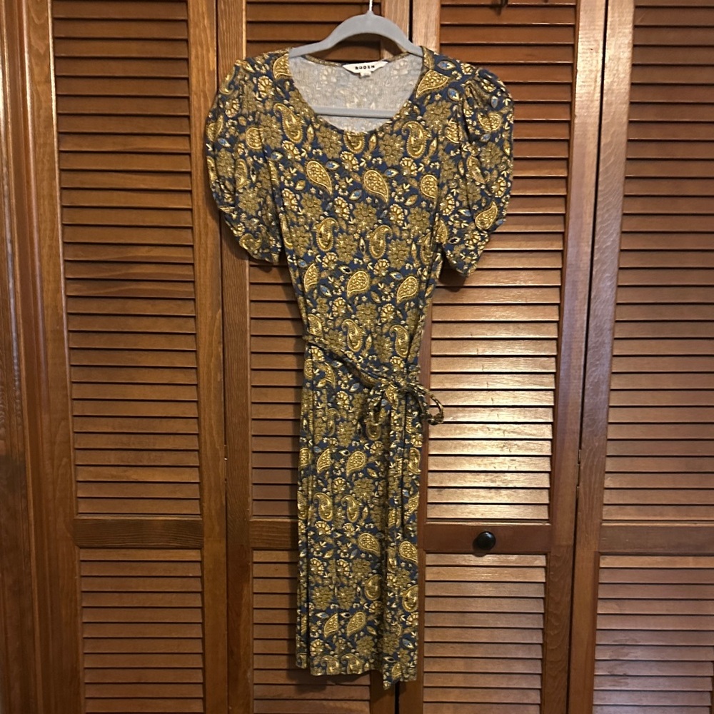 Boden Blue & Gold Paisley A-Line Midi Dress w/ Puff Sleeves | US 6